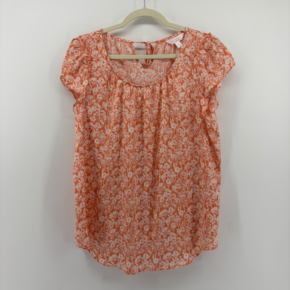 LC Lauren Conrad Womens Medium Orange Floral Blouse Flutter‎ Sleeve Tie Back